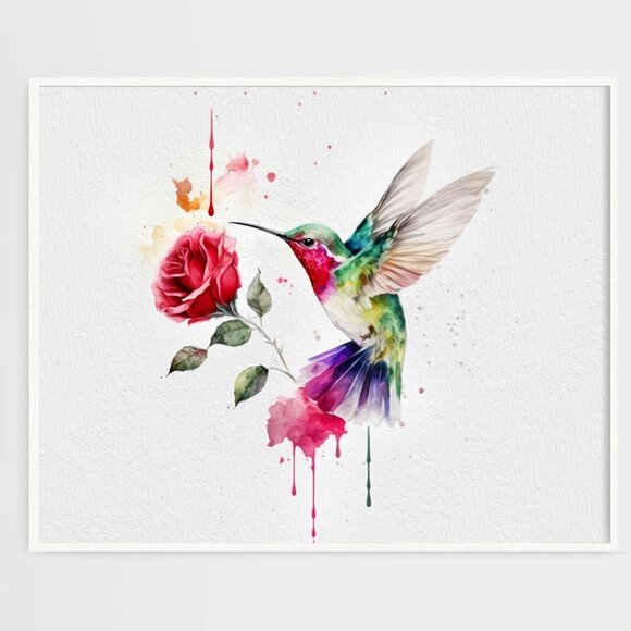 20x30 Hummingbird Rose Watercolor‎ Oil Painting Art Print - Picture 1 of 7